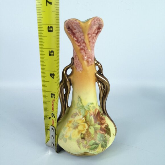 Vintage Miniature Amphora Bud Vase Yellow Pink Brown Floral Teal Inside Boho - Picture 14 of 15